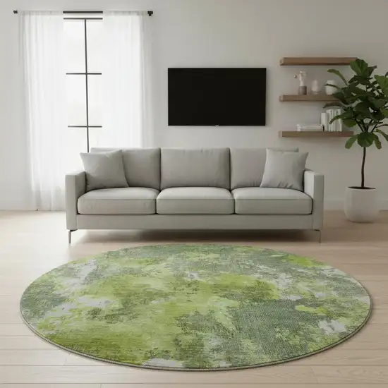 8' Artichoke Green Gray And Ivory Abstract Washable Round Rug With UV Protection Photo 2