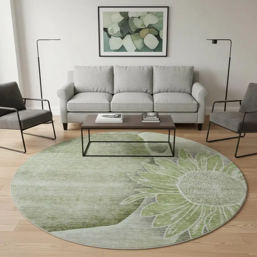 8' Artichoke Green Gray And Ivory Floral Washable Round Rug With UV Protection Photo 3