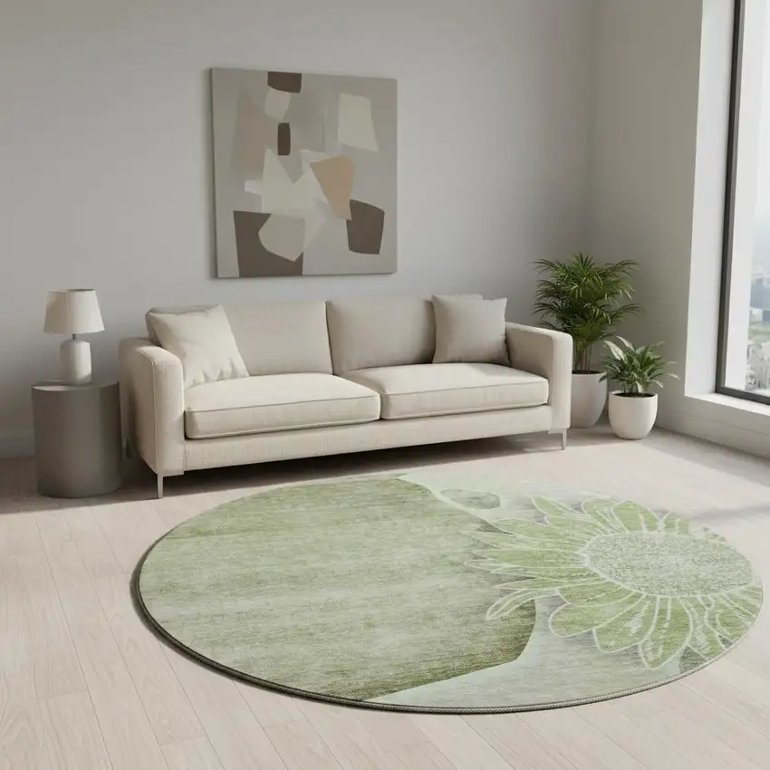8' Artichoke Green Gray And Ivory Floral Washable Round Rug With UV Protection Photo 2