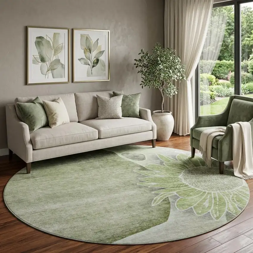 8' Artichoke Green Gray And Ivory Floral Washable Round Rug With UV Protection Photo 1