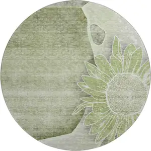 Photo of 8' Artichoke Green Gray And Ivory Floral Washable Round Rug With UV Protection