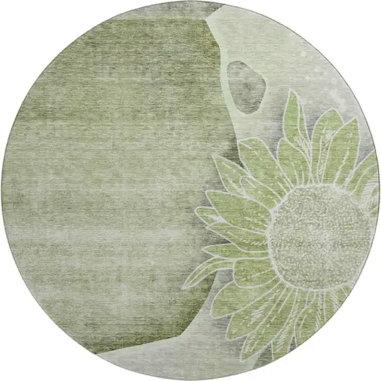 8' Artichoke Green Gray And Ivory Floral Washable Round Rug With UV Protection Photo 1