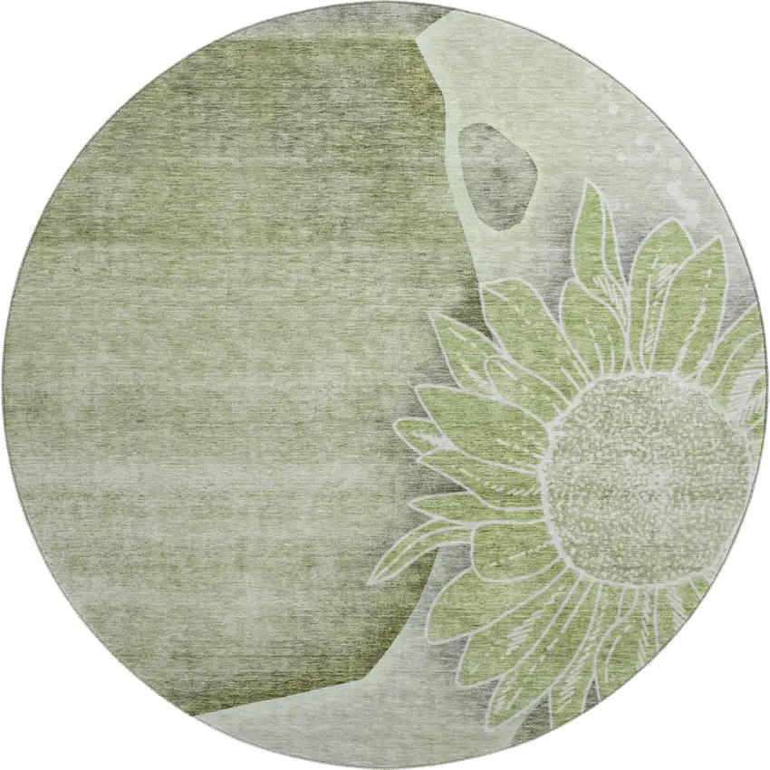 8' Artichoke Green Gray And Ivory Floral Washable Round Rug With UV Protection Photo 1