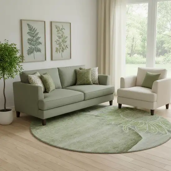 8' Artichoke Green Gray And Ivory Floral Washable Round Rug With UV Protection Photo 1