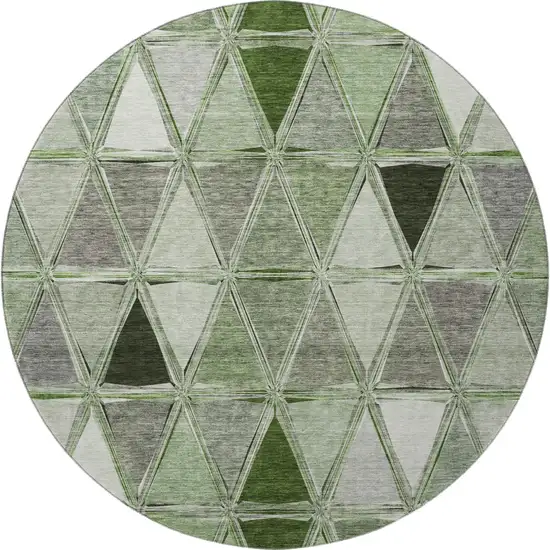 8' Artichoke Green Gray And Ivory Geometric Washable Round Rug With UV Protection Photo 3