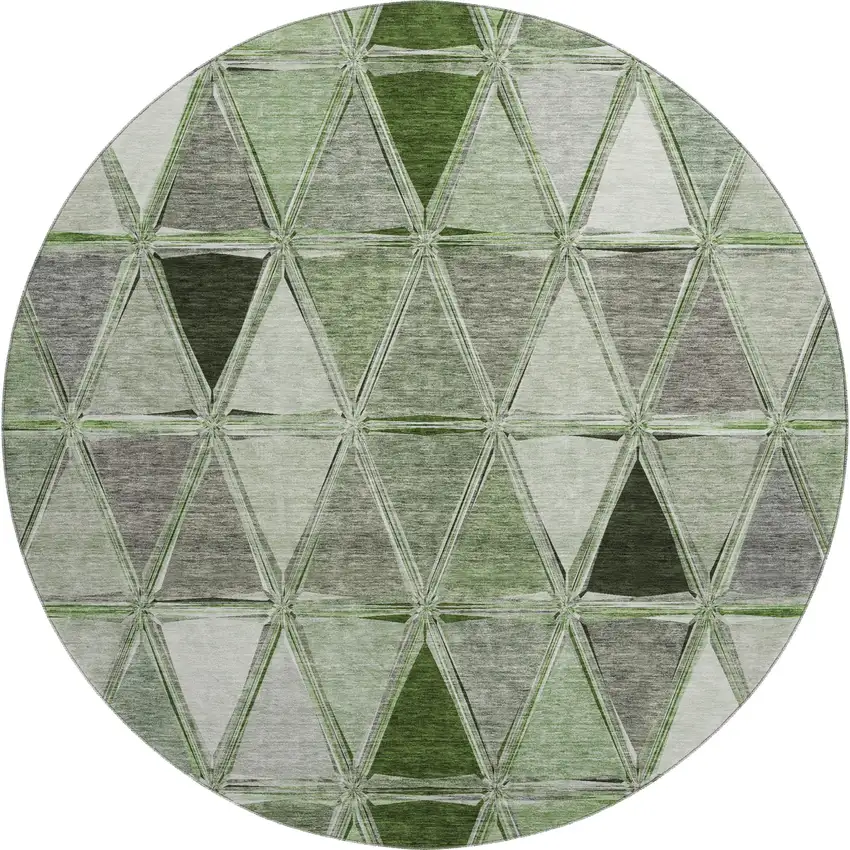 8' Artichoke Green Gray And Ivory Geometric Washable Round Rug With UV Protection Photo 1
