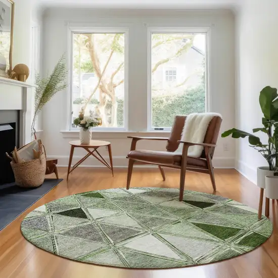 8' Artichoke Green Gray And Ivory Geometric Washable Round Rug With UV Protection Photo 4