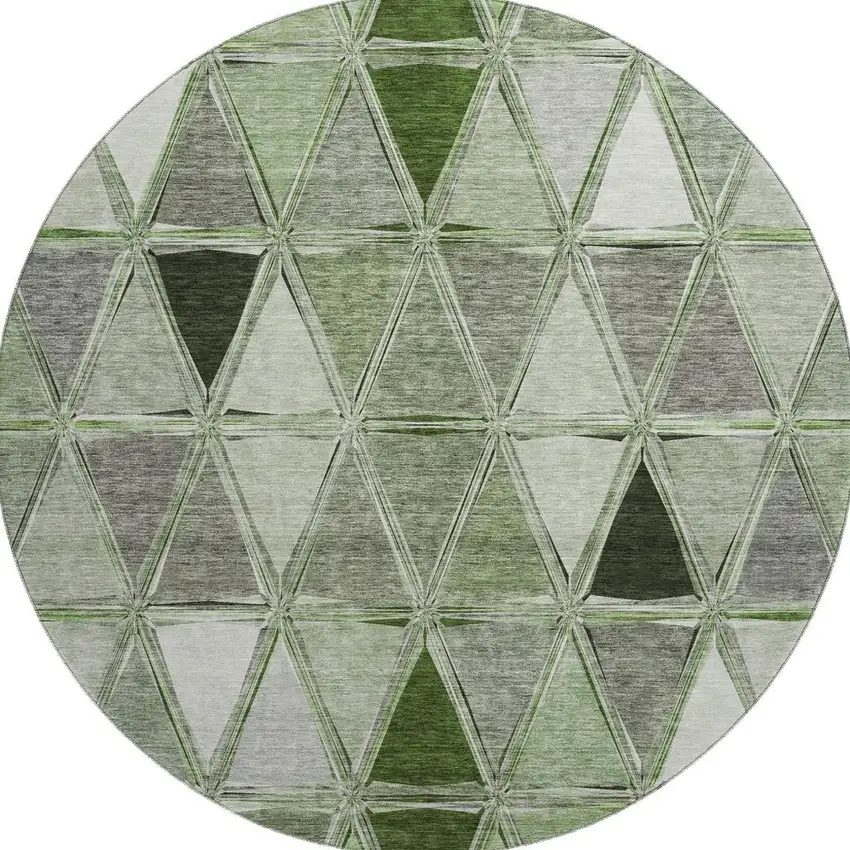 8' Artichoke Green Gray And Ivory Geometric Washable Round Rug With UV Protection Photo 2