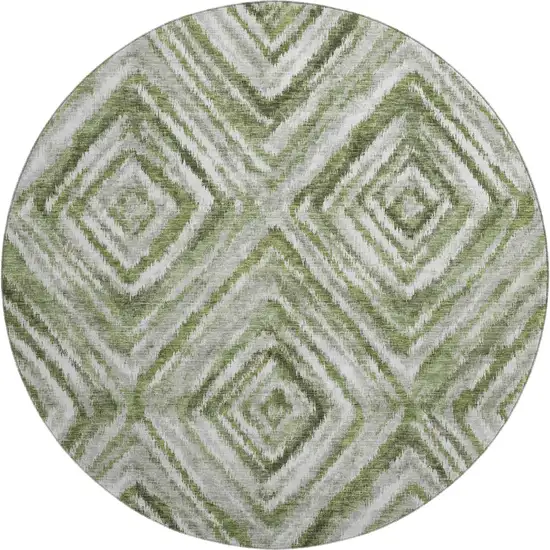8' Artichoke Green Gray And Ivory Geometric Washable Round Rug With UV Protection Photo 1
