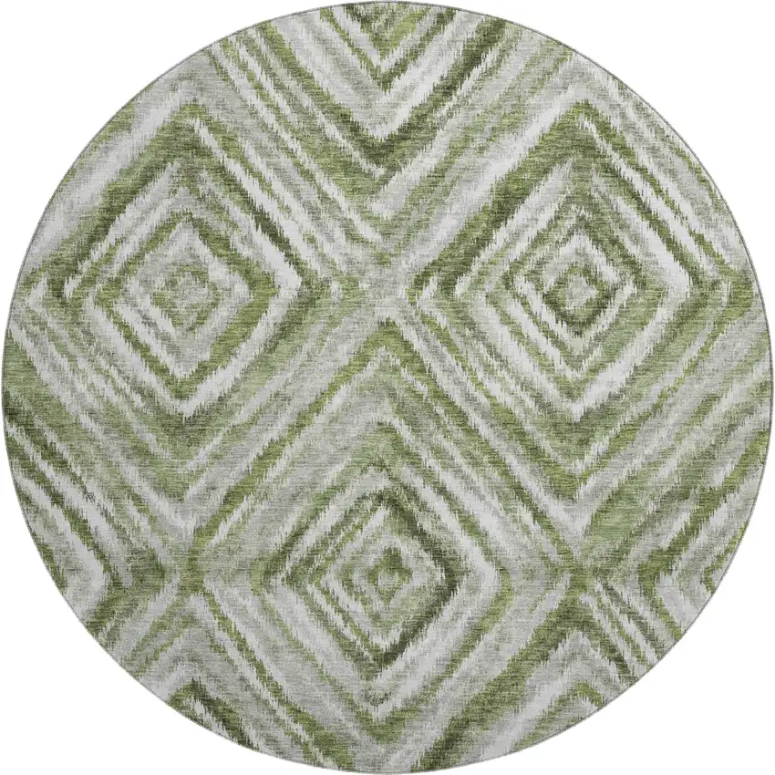 8' Artichoke Green Gray And Ivory Geometric Washable Round Rug With UV Protection Photo 1