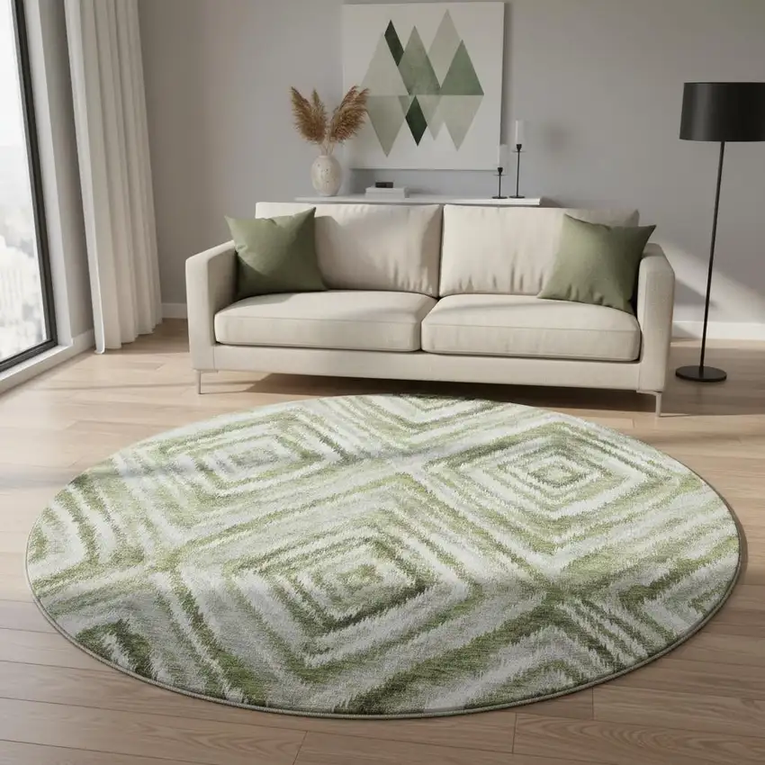 8' Artichoke Green Gray And Ivory Geometric Washable Round Rug With UV Protection Photo 2