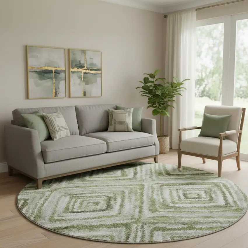 8' Artichoke Green Gray And Ivory Geometric Washable Round Rug With UV Protection Photo 1
