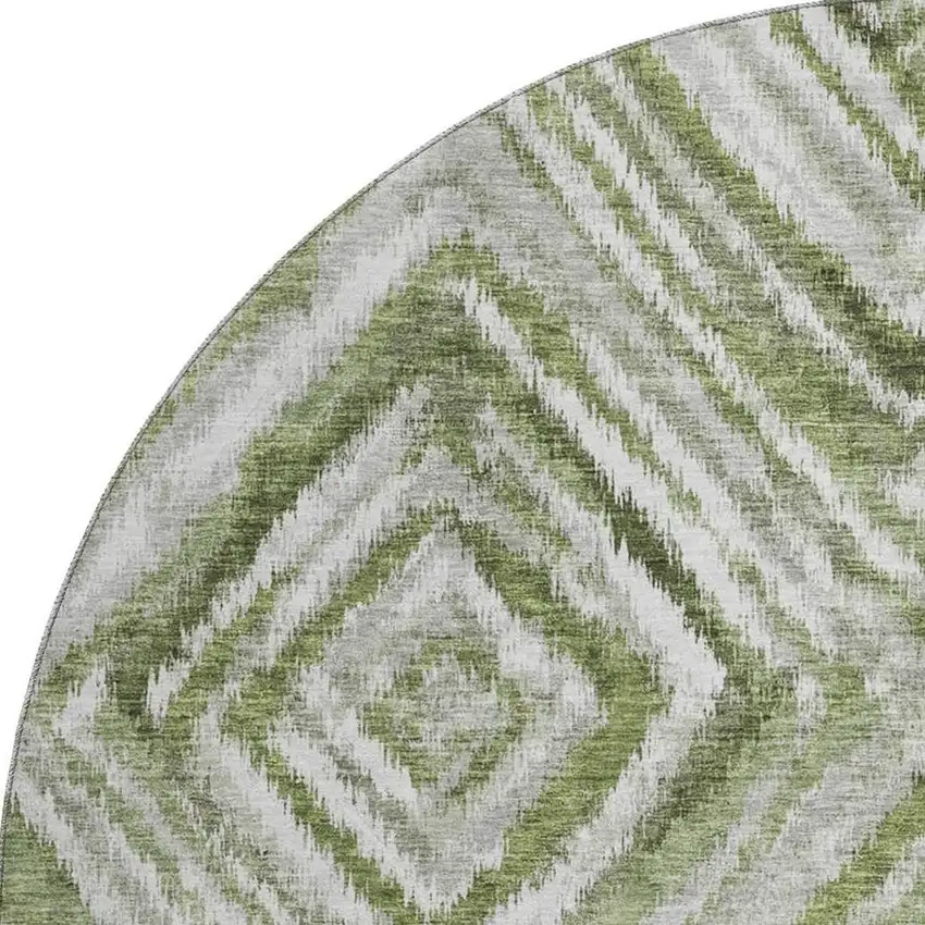 8' Artichoke Green Gray And Ivory Geometric Washable Round Rug With UV Protection Photo 4