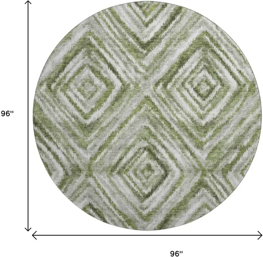 8' Artichoke Green Gray And Ivory Geometric Washable Round Rug With UV Protection Photo 3