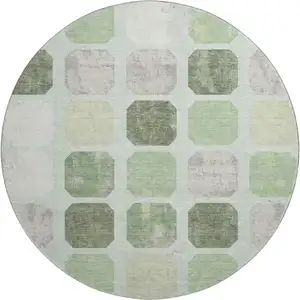 Photo of 8' Artichoke Green Gray And Ivory Geometric Washable Round Rug With UV Protection