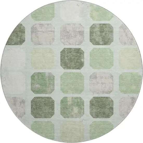 8' Artichoke Green Gray And Ivory Geometric Washable Round Rug With UV Protection Photo 1