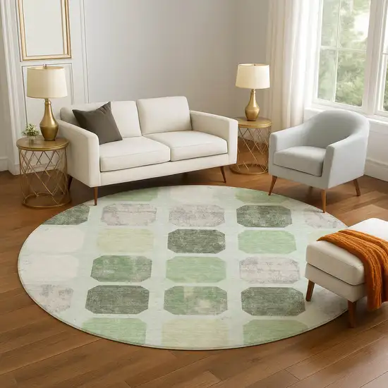 8' Artichoke Green Gray And Ivory Geometric Washable Round Rug With UV Protection Photo 5