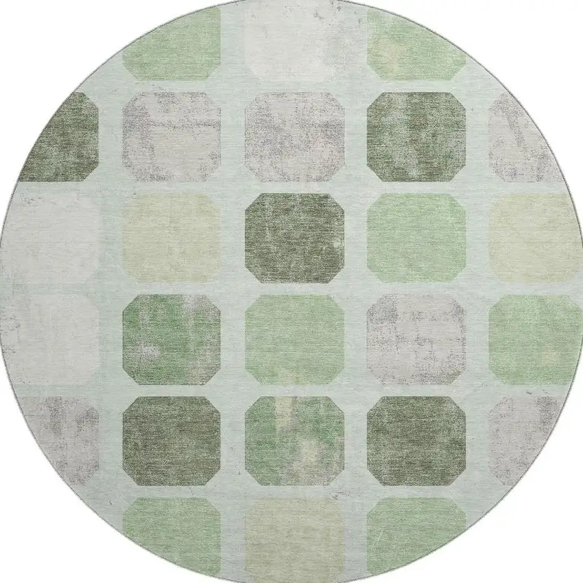 8' Artichoke Green Gray And Ivory Geometric Washable Round Rug With UV Protection Photo 4