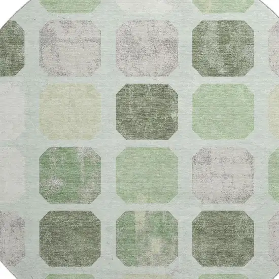 8' Artichoke Green Gray And Ivory Geometric Washable Round Rug With UV Protection Photo 3