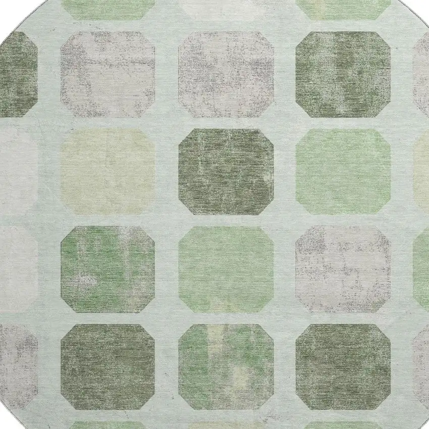 8' Artichoke Green Gray And Ivory Geometric Washable Round Rug With UV Protection Photo 3