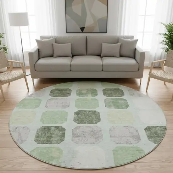 8' Artichoke Green Gray And Ivory Geometric Washable Round Rug With UV Protection Photo 2