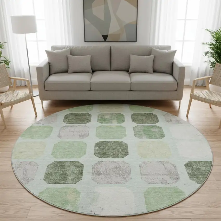 8' Artichoke Green Gray And Ivory Geometric Washable Round Rug With UV Protection Photo 2