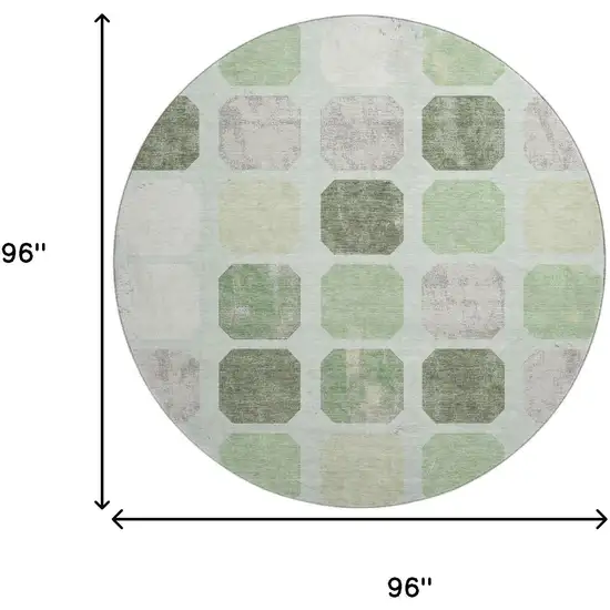 8' Artichoke Green Gray And Ivory Geometric Washable Round Rug With UV Protection Photo 9