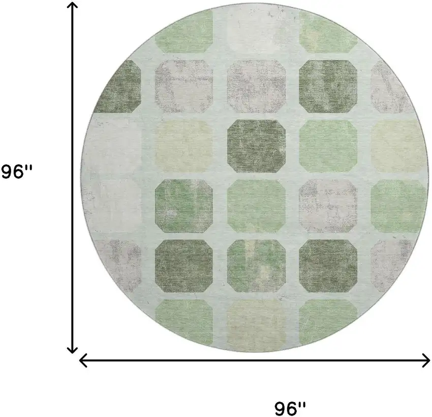 8' Artichoke Green Gray And Ivory Geometric Washable Round Rug With UV Protection Photo 9