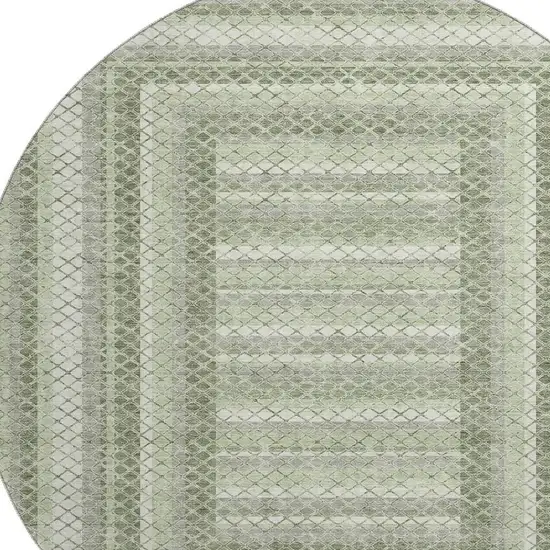 8' Artichoke Green Gray And Ivory Geometric Washable Round Rug With UV Protection Photo 3