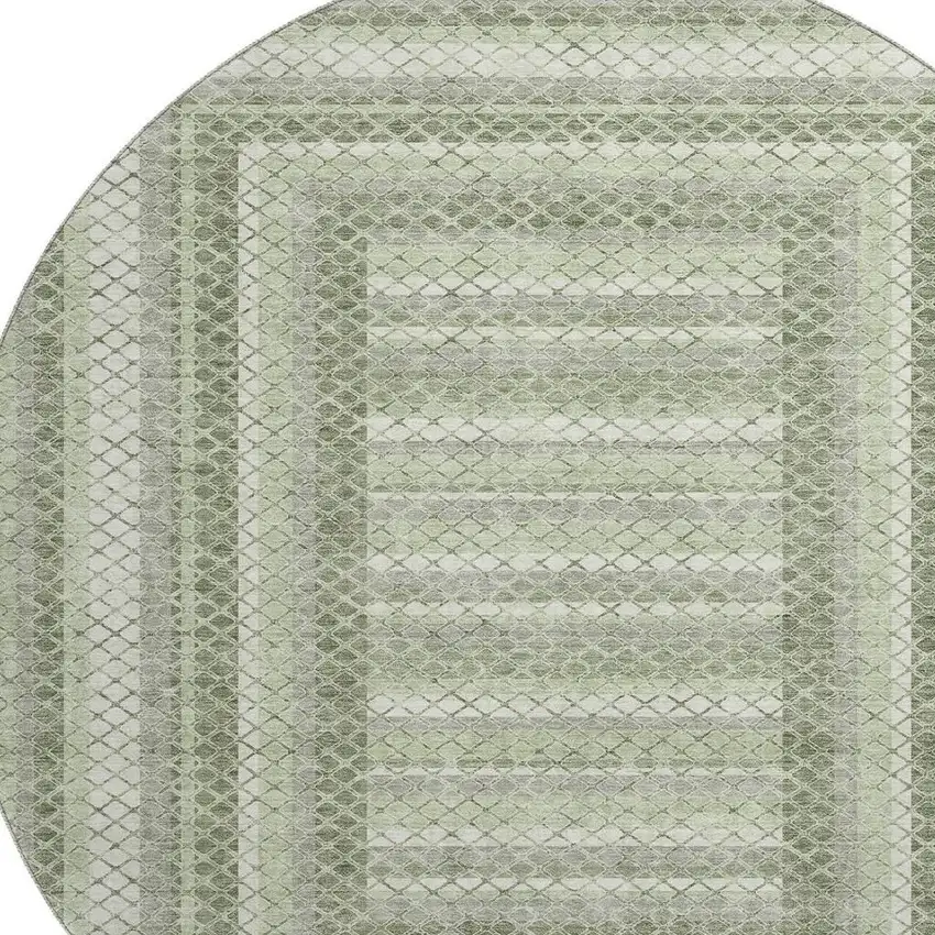 8' Artichoke Green Gray And Ivory Geometric Washable Round Rug With UV Protection Photo 3