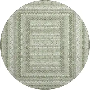 Photo of 8' Artichoke Green Gray And Ivory Geometric Washable Round Rug With UV Protection