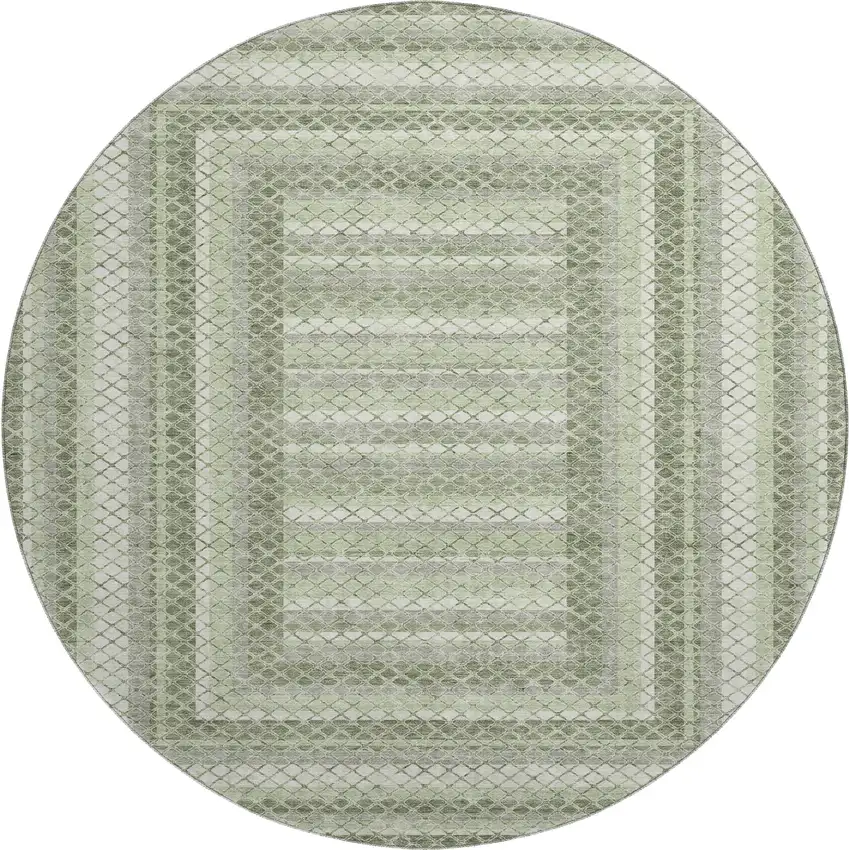 8' Artichoke Green Gray And Ivory Geometric Washable Round Rug With UV Protection Photo 1