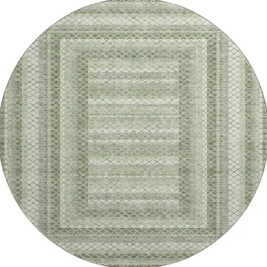 8' Artichoke Green Gray And Ivory Geometric Washable Round Rug With UV Protection Photo 4