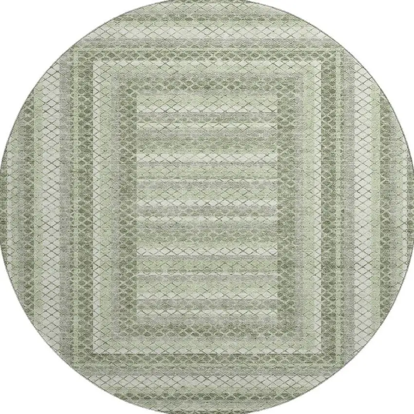8' Artichoke Green Gray And Ivory Geometric Washable Round Rug With UV Protection Photo 4