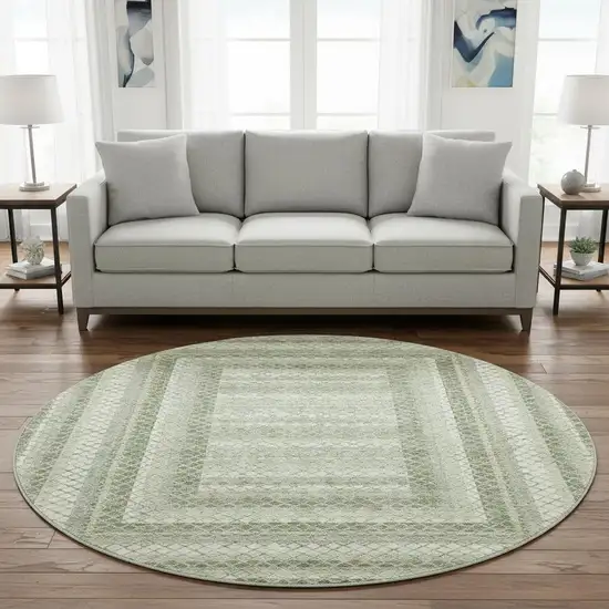 8' Artichoke Green Gray And Ivory Geometric Washable Round Rug With UV Protection Photo 2
