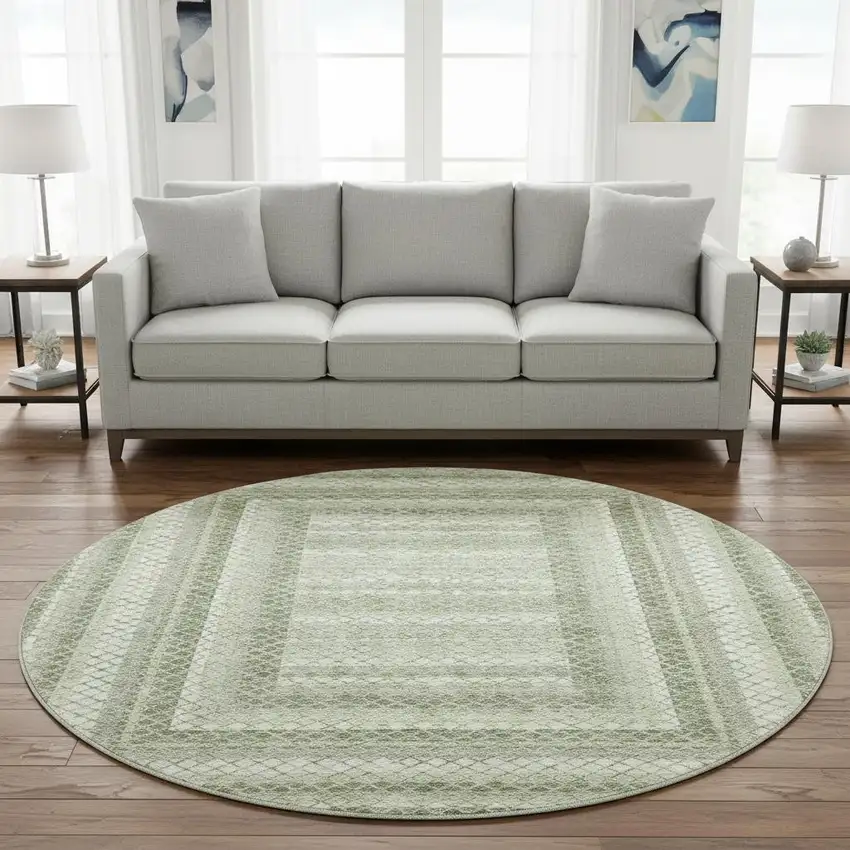 8' Artichoke Green Gray And Ivory Geometric Washable Round Rug With UV Protection Photo 2