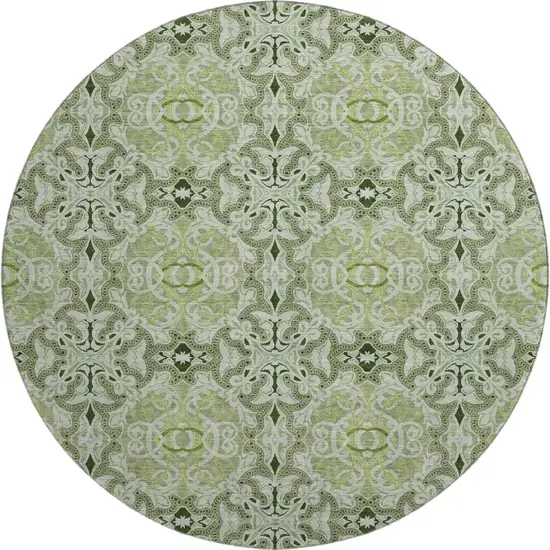 8' Artichoke Green Gray And Ivory Medallion Washable Round Rug With UV Protection Photo 1