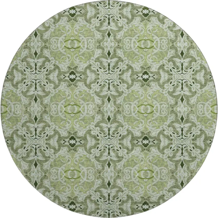 8' Artichoke Green Gray And Ivory Medallion Washable Round Rug With UV Protection Photo 1