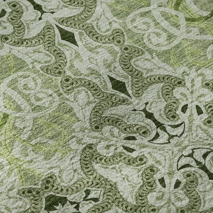 8' Artichoke Green Gray And Ivory Medallion Washable Round Rug With UV Protection Photo 9