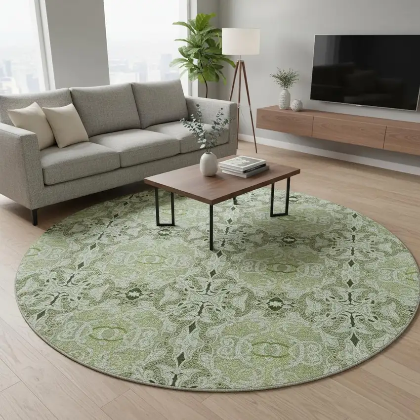 8' Artichoke Green Gray And Ivory Medallion Washable Round Rug With UV Protection Photo 2