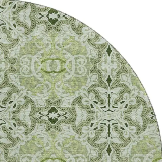 8' Artichoke Green Gray And Ivory Medallion Washable Round Rug With UV Protection Photo 3