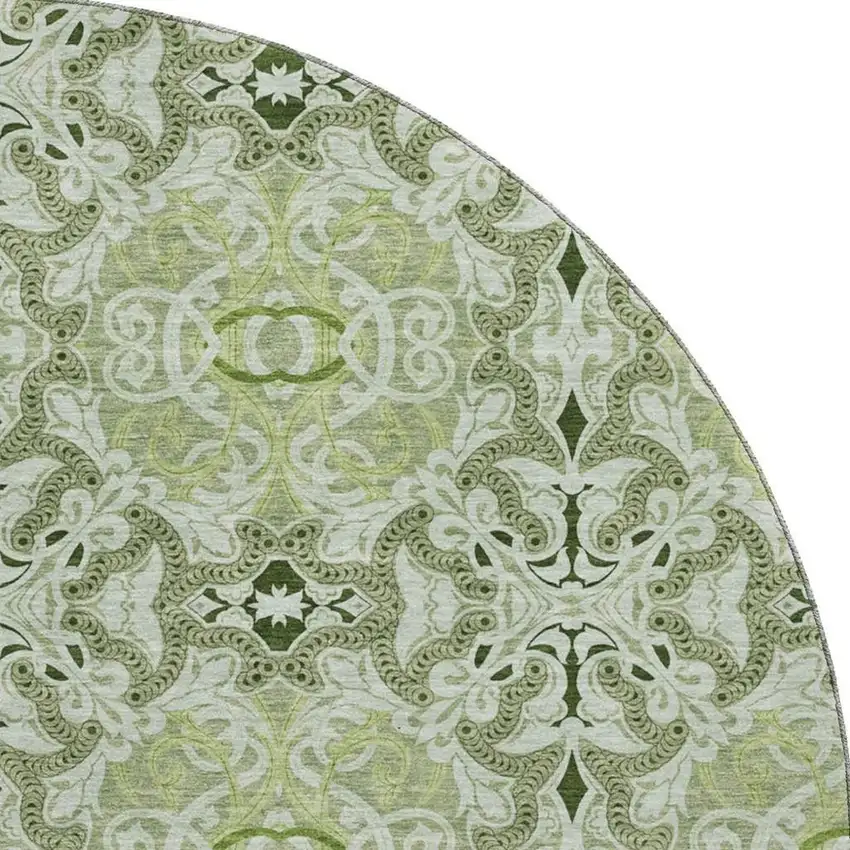 8' Artichoke Green Gray And Ivory Medallion Washable Round Rug With UV Protection Photo 3