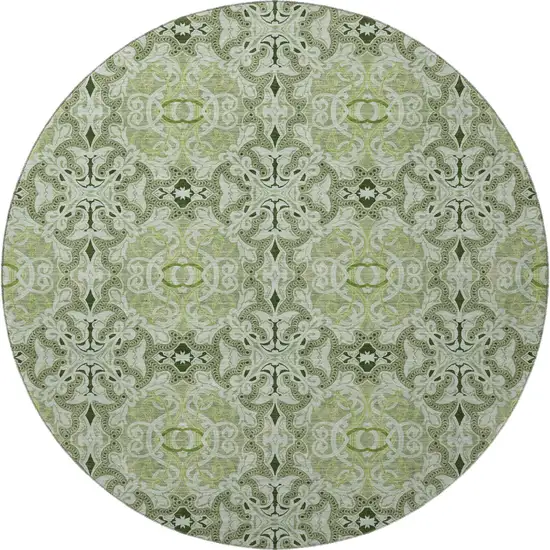 8' Artichoke Green Gray And Ivory Medallion Washable Round Rug With UV Protection Photo 4