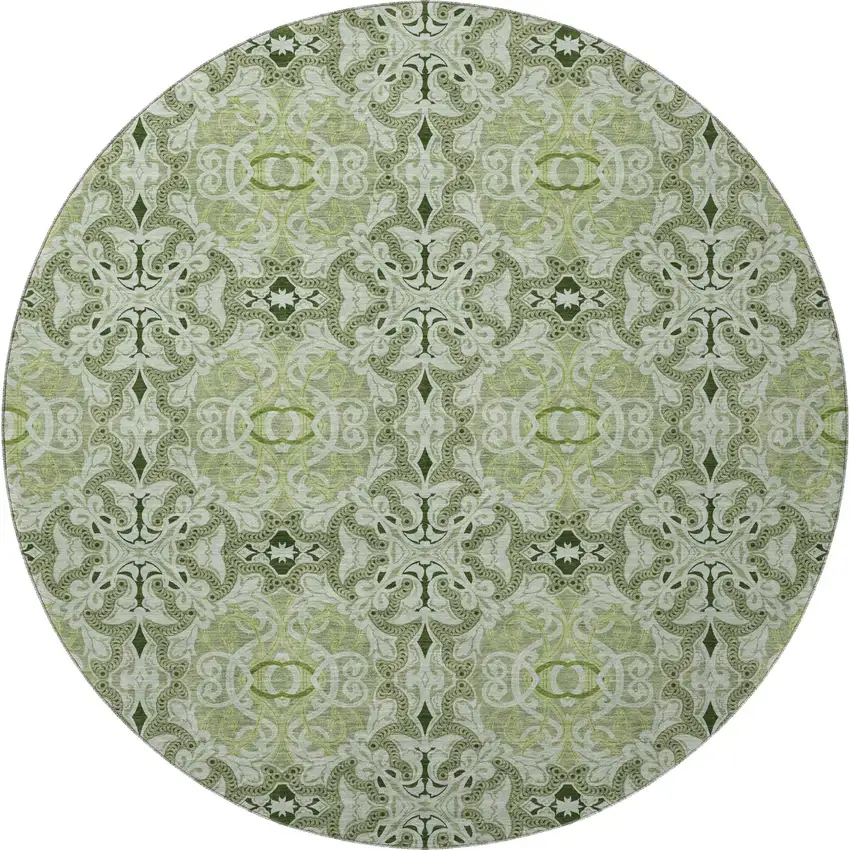8' Artichoke Green Gray And Ivory Medallion Washable Round Rug With UV Protection Photo 4