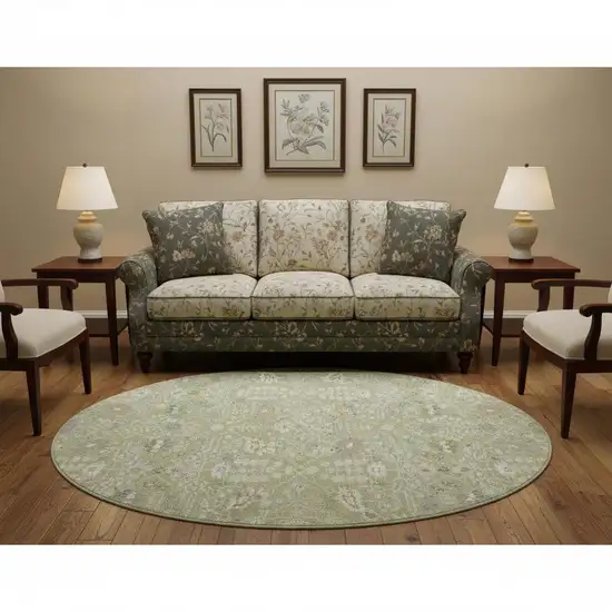 8' Artichoke Green Gray And Ivory Oriental Washable Round Rug With UV Protection Photo 2