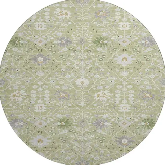 8' Artichoke Green Gray And Ivory Oriental Washable Round Rug With UV Protection Photo 3