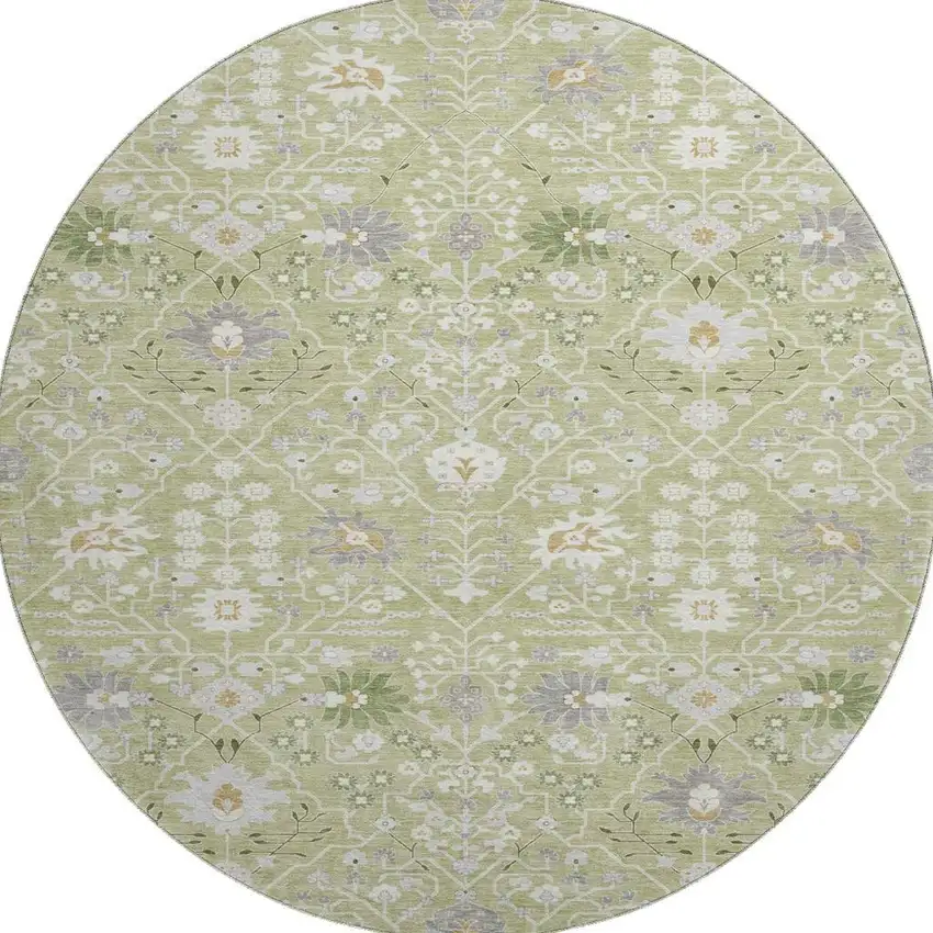 8' Artichoke Green Gray And Ivory Oriental Washable Round Rug With UV Protection Photo 3