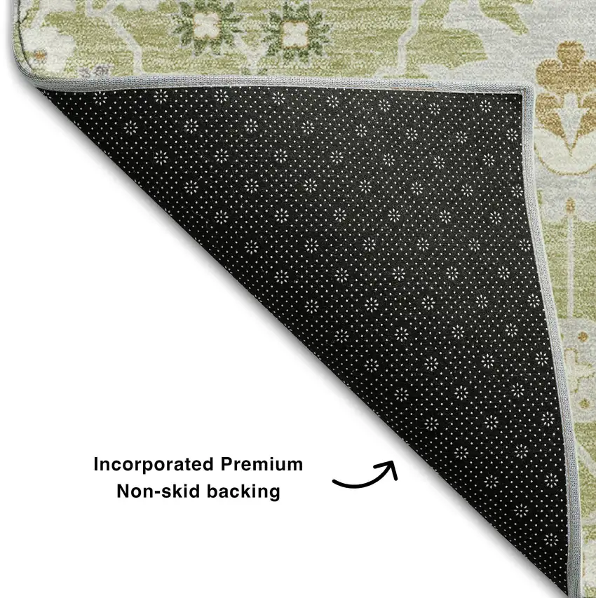 8' Artichoke Green Gray And Ivory Oriental Washable Round Rug With UV Protection Photo 5