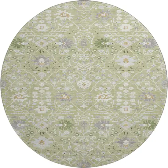 8' Artichoke Green Gray And Ivory Oriental Washable Round Rug With UV Protection Photo 1