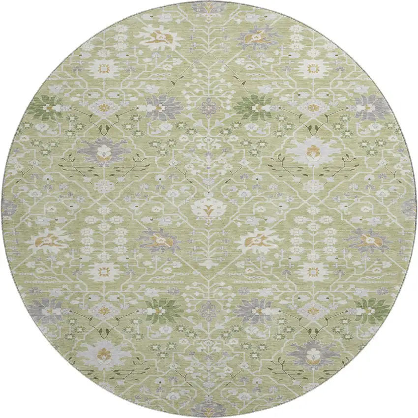 8' Artichoke Green Gray And Ivory Oriental Washable Round Rug With UV Protection Photo 1